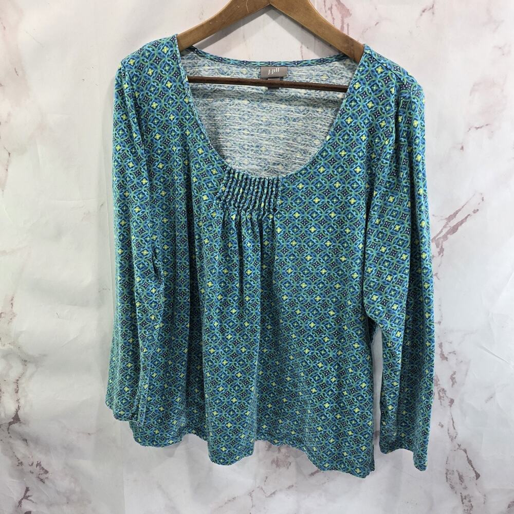 J Jill Shirt Womens Large Blue Long Sleeve Scoop Pleated Wearever Geo